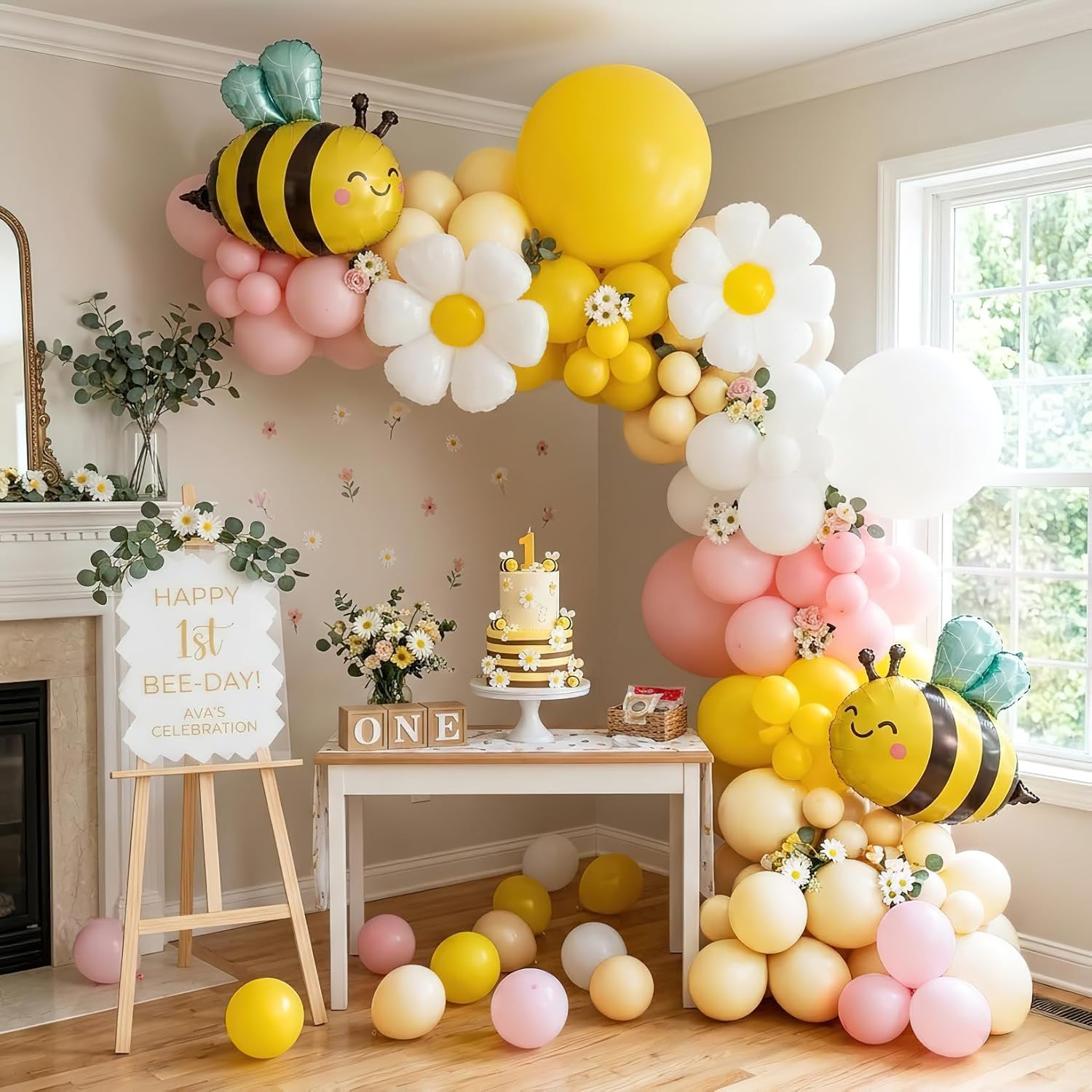 134Pcs Yellow Pink Bee Balloon - Balloon Arch Kit avaliação e preço