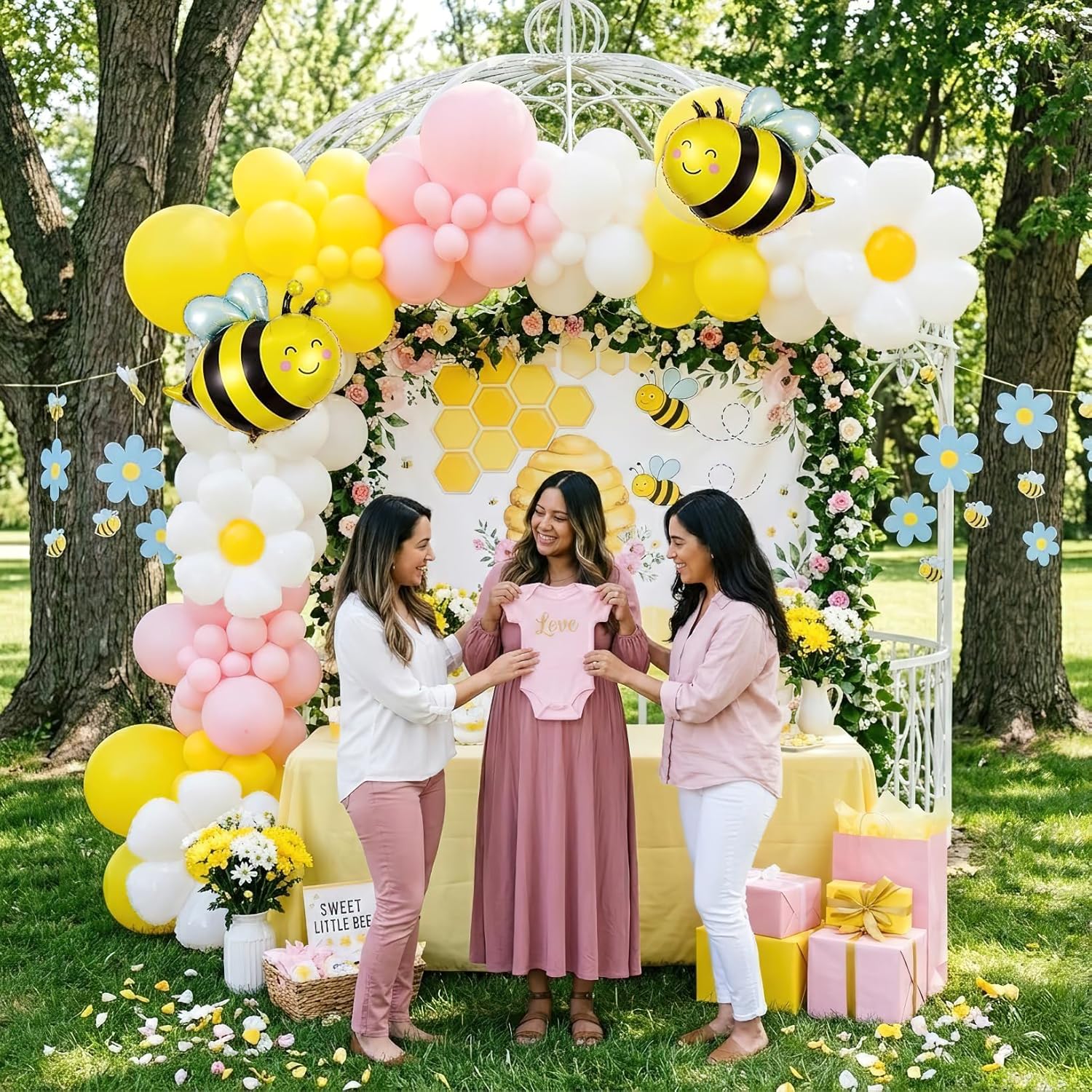 134Pcs Yellow Pink Bee Balloon - Balloon Arch Kit avaliação e preço