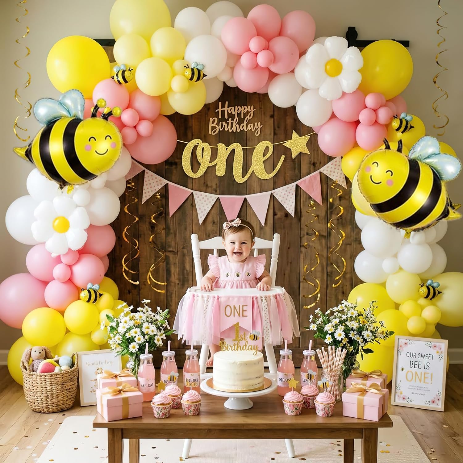 134Pcs Yellow Pink Bee Balloon - Balloon Arch Kit avaliação e preço